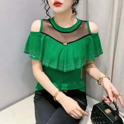 MadBlack Summer European Clothes Round Necks T-Shirts Ladies Sexy Ruffles Hot Drilling Slim Mesh Tops Short Sleeve Tees T34406C