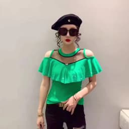 MadBlack Summer European Clothes Round Necks T-Shirts Ladies Sexy Ruffles Hot Drilling Slim Mesh Tops Short Sleeve Tees T34406C