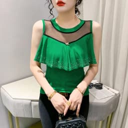 MadBlack Summer European Clothes Round Necks T-Shirts Ladies Sexy Ruffles Hot Drilling Slim Mesh Tops Short Sleeve Tees T34406C