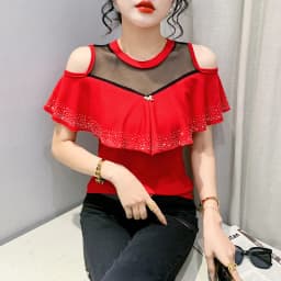 MadBlack Summer European Clothes Round Necks T-Shirts Ladies Sexy Ruffles Hot Drilling Slim Mesh Tops Short Sleeve Tees T34406C