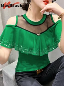 MadBlack Summer European Clothes Round Necks T-Shirts Ladies Sexy Ruffles Hot Drilling Slim Mesh Tops Short Sleeve Tees T34406C