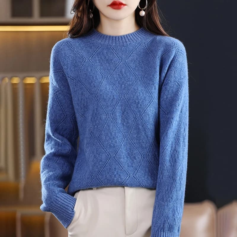 Autumn Winter 100% Merino Wool Women's Round neck Sweater Casual Diamond Hollow Knitwear Pullover New Embroidered Sweater Tops