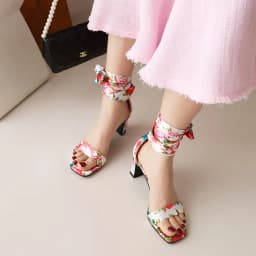 Classic Retro Style Printed Silk High Heel Sandals Flower Ankle Bow Knot Hollow Open Toe Women's Sandals Ethnic High Heel Shoes