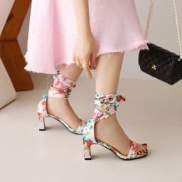 Classic Retro Style Printed Silk High Heel Sandals Flower Ankle Bow Knot Hollow Open Toe Women's Sandals Ethnic High Heel Shoes
