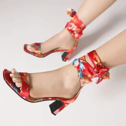 Classic Retro Style Printed Silk High Heel Sandals Flower Ankle Bow Knot Hollow Open Toe Women's Sandals Ethnic High Heel Shoes