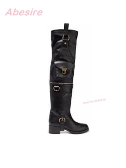 Pocket Decor Pleated Leather Boots Round Toe Black Chunky Heels Over The Knee Women's Boots Newest Winter Zip-Cut Separable Sexy