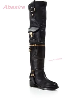 Pocket Decor Pleated Leather Boots Round Toe Black Chunky Heels Over The Knee Women's Boots Newest Winter Zip-Cut Separable Sexy