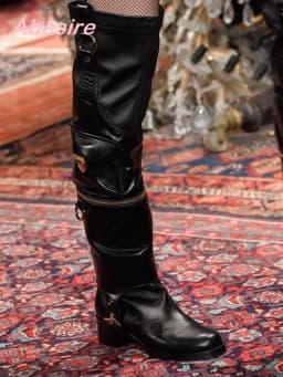 Pocket Decor Pleated Leather Boots Round Toe Black Chunky Heels Over The Knee Women's Boots Newest Winter Zip-Cut Separable Sexy