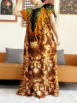 Free Size Summer African Lady Short Sleeve Loose Dress Tie-dyed Craft Boat-Neck Floral Boubou Maxi Islam Women African Clothes