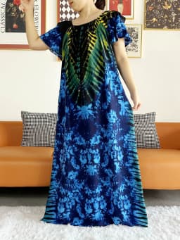 Free Size Summer African Lady Short Sleeve Loose Dress Tie-dyed Craft Boat-Neck Floral Boubou Maxi Islam Women African Clothes