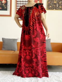 Free Size Summer African Lady Short Sleeve Loose Dress Tie-dyed Craft Boat-Neck Floral Boubou Maxi Islam Women African Clothes