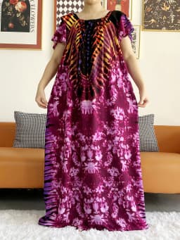 Free Size Summer African Lady Short Sleeve Loose Dress Tie-dyed Craft Boat-Neck Floral Boubou Maxi Islam Women African Clothes