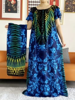 Free Size Summer African Lady Short Sleeve Loose Dress Tie-dyed Craft Boat-Neck Floral Boubou Maxi Islam Women African Clothes