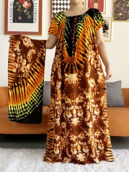 Free Size Summer African Lady Short Sleeve Loose Dress Tie-dyed Craft Boat-Neck Floral Boubou Maxi Islam Women African Clothes