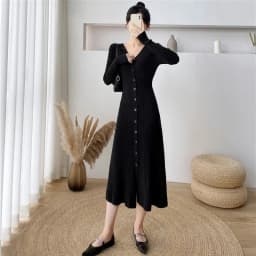 Lucyever Elegant Knitted Long Dress for Women Korean Chic Buttons Slim Fit Midi Dresses Female Streetwear V Neck Party Vestidos