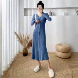 Lucyever Elegant Knitted Long Dress for Women Korean Chic Buttons Slim Fit Midi Dresses Female Streetwear V Neck Party Vestidos