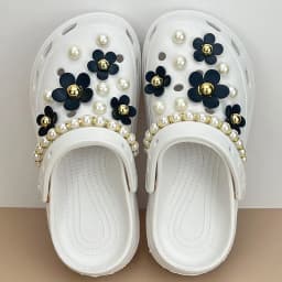 Luxurious Pearls Black Flowers Shoes Charms Sandals Charms Decoration Set for Kids and Women Hole Shoes Accessories