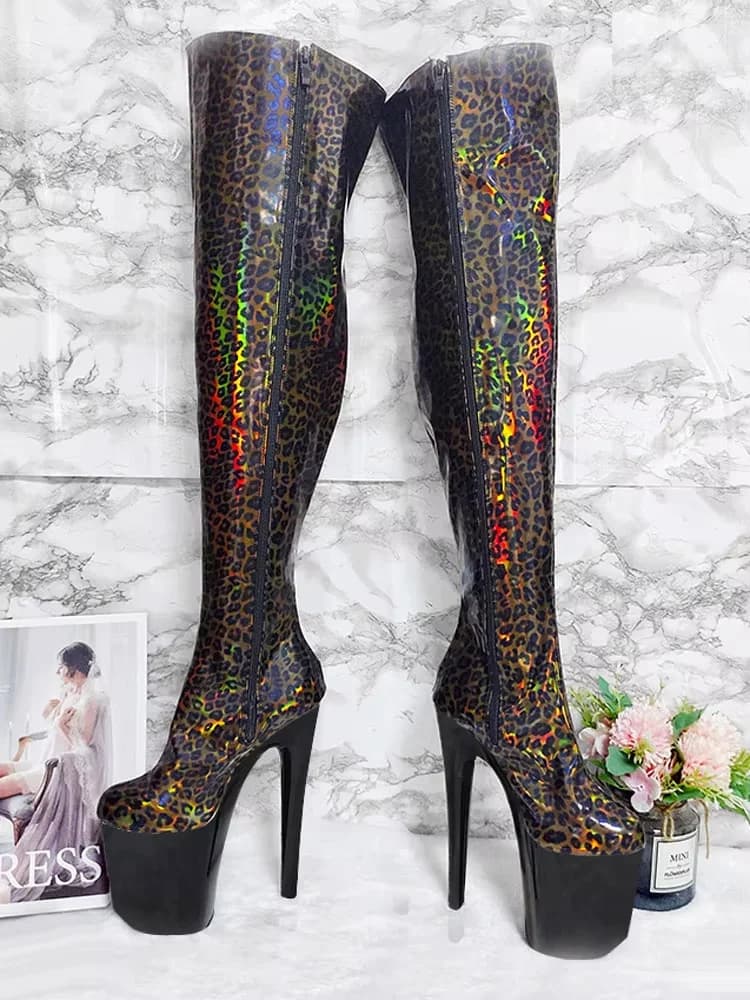 Sexy Big Size High Stripper Heels Leopard Print Exotic Dancer 20cm 8Inch Women Shoes Pole Dance Gladiator Round Toe Gothic Boots