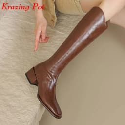 Krazing Pot Cow Split Leather Square Toe Thick Med Heels Riding Boots Winter Shoes Daily Wear Stovepipe Warm Thigh High Boots