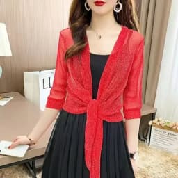 Fashion Women's Sheer Glitter Lace-up Cardigan Half Sleeve Summer Lightweight Jacket See-through Loose Blouse Women