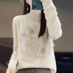 2024 Autumn/Winter New Half High Neck Pullover Woolen Sweater Women's Slim Fit Colorful Diamond Knitted Thickened Bottom Shirt