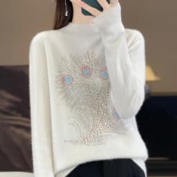 2024 Autumn/Winter New Half High Neck Pullover Woolen Sweater Women's Slim Fit Colorful Diamond Knitted Thickened Bottom Shirt