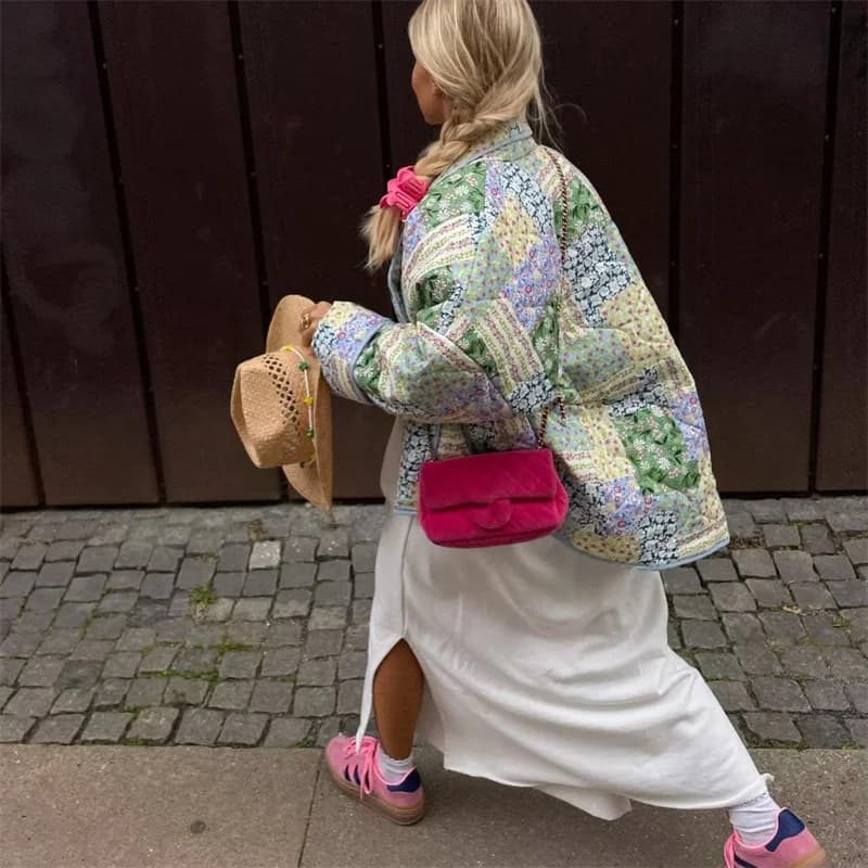 Woman Casual Loose Blue Print Jacket 2026 Spring Female Vintage Patchwork Cotton Jackets Ladies High Street Floral Outwear