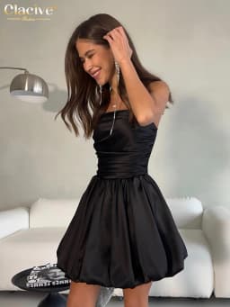 Clacive Sexy Slim White Satin Dress Lady Summer Strapless Sleeveless Mini Dress Elegant High Waist Pleated Party Dresses Women
