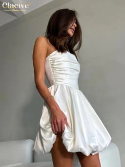 Clacive Sexy Slim White Satin Dress Lady Summer Strapless Sleeveless Mini Dress Elegant High Waist Pleated Party Dresses Women