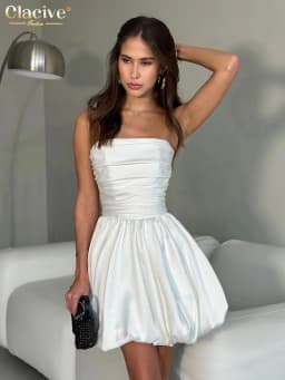 Clacive Sexy Slim White Satin Dress Lady Summer Strapless Sleeveless Mini Dress Elegant High Waist Pleated Party Dresses Women