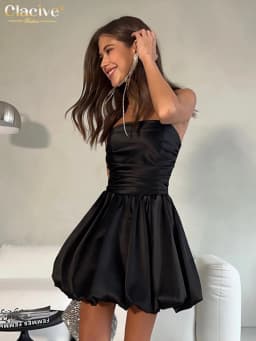 Clacive Sexy Slim White Satin Dress Lady Summer Strapless Sleeveless Mini Dress Elegant High Waist Pleated Party Dresses Women