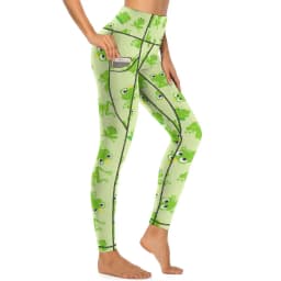 Frog Prince Pattern Yoga Pants Pockets Kawaii Green Cartoon Frogs Leggings Sexy High Waist Novelty Yoga Sports Tights Stretch