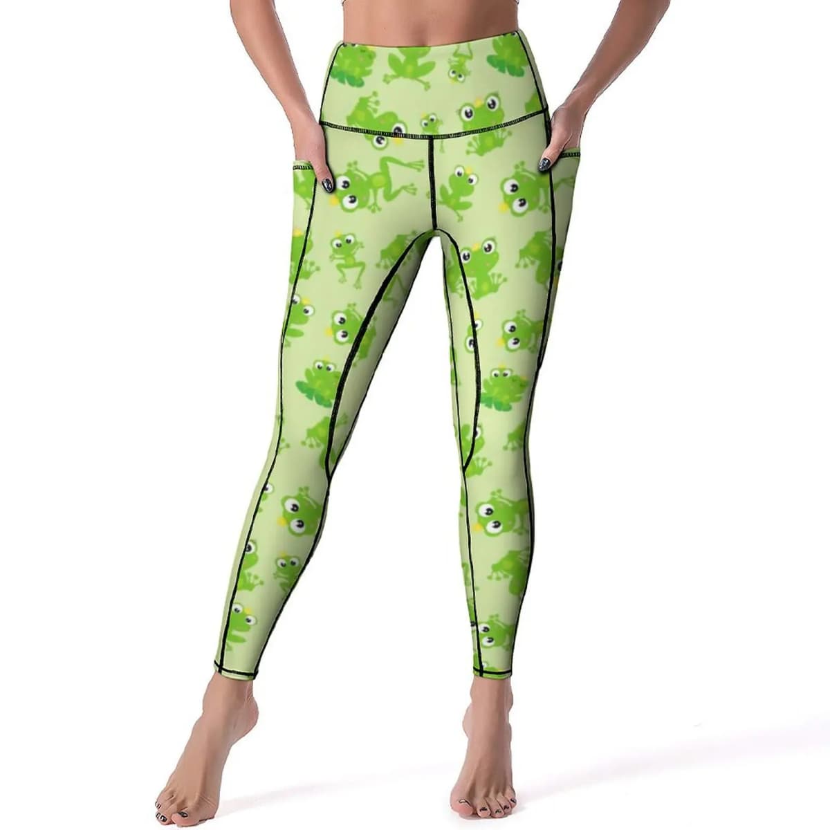 Frog Prince Pattern Yoga Pants Pockets Kawaii Green Cartoon Frogs Leggings Sexy High Waist Novelty Yoga Sports Tights Stretch