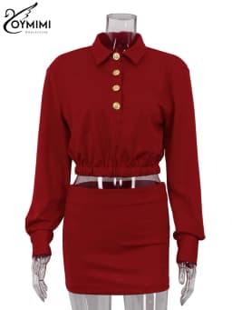 Oymimi Elegant Red Loose Sets Womens 2 Piece Spring Long Sleeve Button Crop Tops And Simple Slim Straight Mini Skirts Female Set