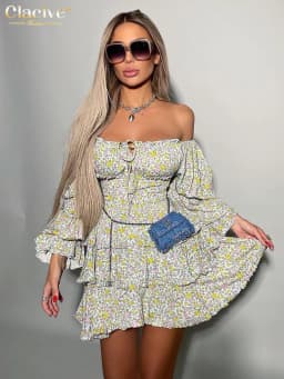 Clacive Sexy Slim Print Womens Dresses 2024 Fashion Slash Neck Long Sleeve Mini Dress Elegant High Waist Ruffle Female Dress