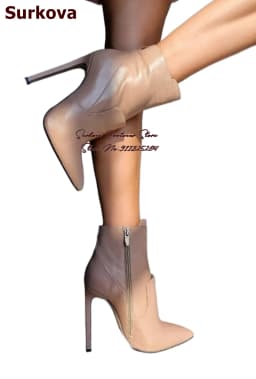 Surkova Nude Matte Stiletto Heels Ankle Boots Slim Fit Pointed Toe Fall Winter Booties Zipped Dress Shoes Size46