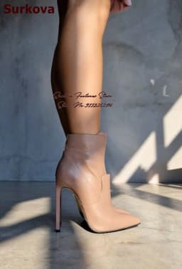 Surkova Nude Matte Stiletto Heels Ankle Boots Slim Fit Pointed Toe Fall Winter Booties Zipped Dress Shoes Size46