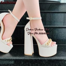 Surkova Ivory Pink Crocodile Big Chunky Heel Sandals High Platform Gold Chain Strap Dress Pumps Buckle Evening Party Shoes
