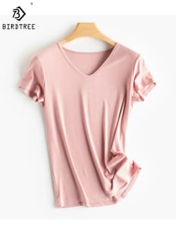 BirdTree Contain 10% Silk T-Shirts for Women, V O U Neck Solid Short Sleeve, Ins Style Basic Tees, 2024 Spring New Top T41854QM