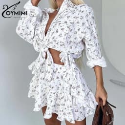 Oymimi Fashion White Cotton Print 2 Piece Sets Women Outfit Elegant Long Sleeve Button Shirts And Cascading Ruffled Skirts Sets