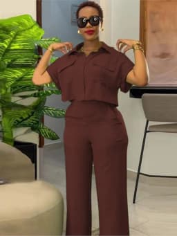 Women's Two Piece Sets Spring Summer Casual Solid Turn-down Neck Short Sleeve Loose Top & Wide Leg Pants Set Streetwear Outfits