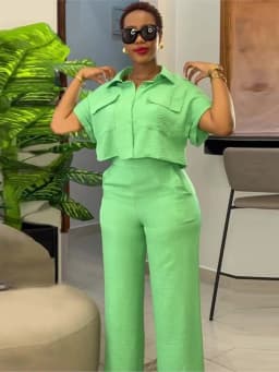 Women's Two Piece Sets Spring Summer Casual Solid Turn-down Neck Short Sleeve Loose Top & Wide Leg Pants Set Streetwear Outfits