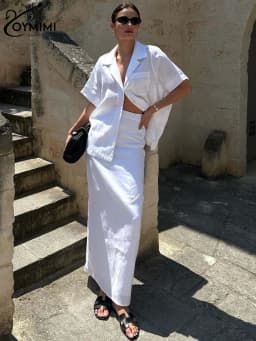 Oymimi Casual White Cotton Sets For Women 2 Pieces Elegant Lapel Shorts Sleeve Button Shirts And High Waist Straight Skirts Sets