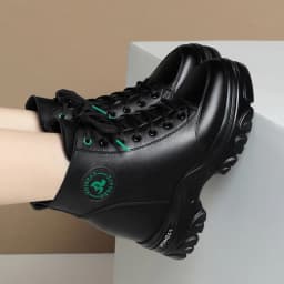 Autumn Winter Women Warm Leather Platform Wedge Mid Calf Ankle Motorcycle Booties Non Slip Plus Velvet High Top Casual Shoes