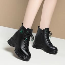 Autumn Winter Women Warm Leather Platform Wedge Mid Calf Ankle Motorcycle Booties Non Slip Plus Velvet High Top Casual Shoes