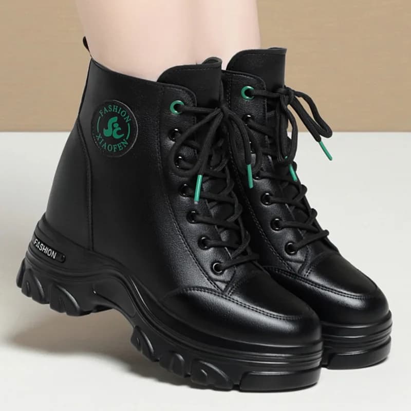 Autumn Winter Women Warm Leather Platform Wedge Mid Calf Ankle Motorcycle Booties Non Slip Plus Velvet High Top Casual Shoes