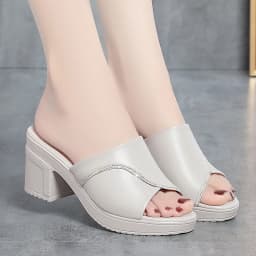 Women Summer New High-heeled Waterproof Platform Sandals Thick-heeled Bright Soft Leather Solid Fish Mouth Casual Slippers