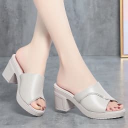 Women Summer New High-heeled Waterproof Platform Sandals Thick-heeled Bright Soft Leather Solid Fish Mouth Casual Slippers