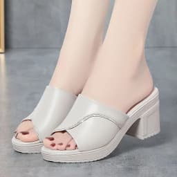 Women Summer New High-heeled Waterproof Platform Sandals Thick-heeled Bright Soft Leather Solid Fish Mouth Casual Slippers