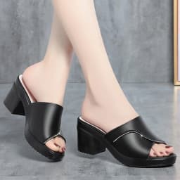 Women Summer New High-heeled Waterproof Platform Sandals Thick-heeled Bright Soft Leather Solid Fish Mouth Casual Slippers